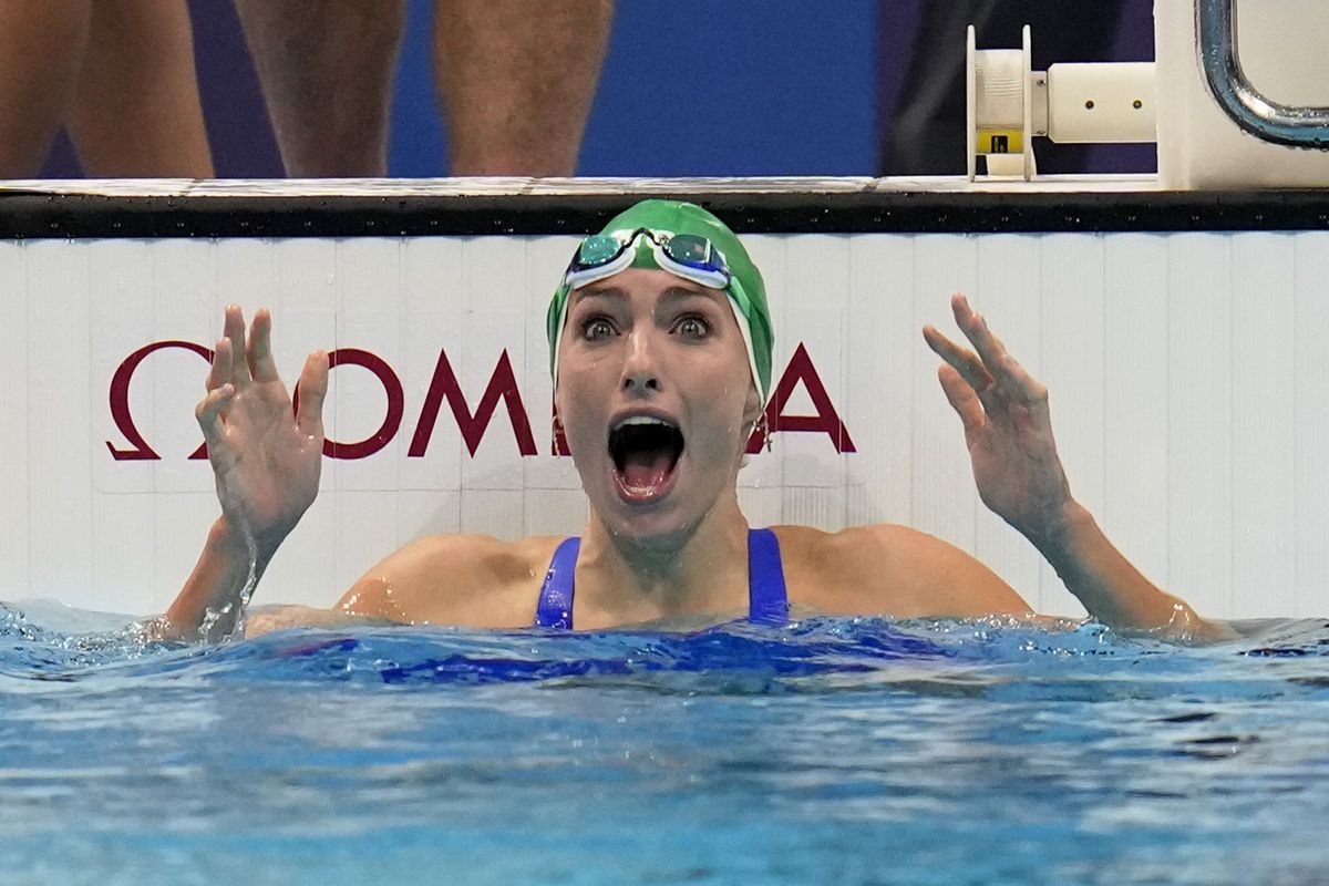 Tatjana Schoenmaker, of South Africa, celebrates after winning the gold medal in the women’s 200-meter breaststroke final at the 2020 Summer Olympics Friday in Tokyo, Japan.  (Gregory Bull)