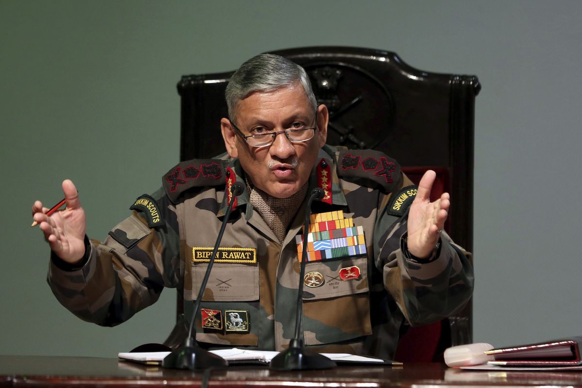 Indian Army Chief Bipin Rawat speaks during a press conference in New Delhi, India, Jan.12, 2018. India’s military chief, Gen. Bipin Rawat, and 12 others were killed Wednesday in a helicopter crash in southern Tamil Nadu state, the air force said.  (STR)