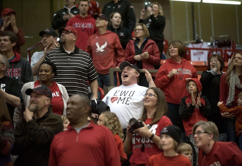 EWU fans celebrate as they hear of the announcement that the Eagles would play Georgetown in Portland on Thursday night. (Kathy Plonka)