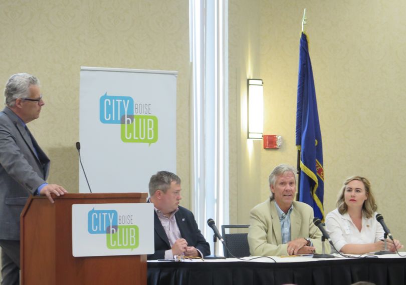 From left, moderator Kevin Richert and panelists Justin Vaughn, John Watts and Kimberlee Kruesi at a City Club of Boise forum on Idaho and national politics on Thursday, Aug. 3, 2017. (Betsy Z. Russell)