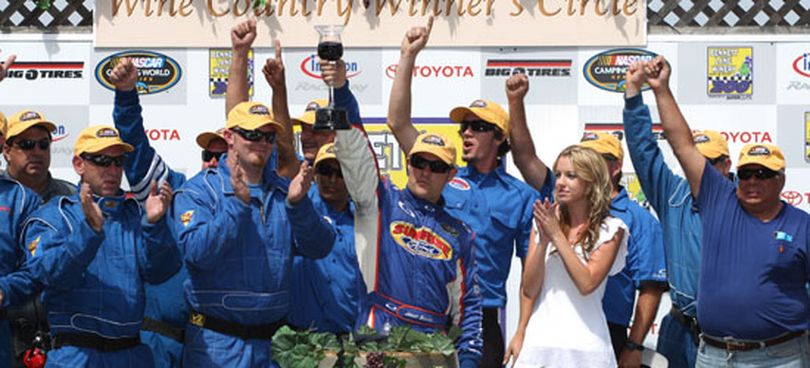 The team of car owner Bob Bruncati, right, celebrate with their driver Jason Bowles in Victory Lane after the Bennett Lane Winery 200 presented by Supercuts at Infineon Raceway. Bowles heads to the Toyota Speedway at Irwindale looking for two straight victories. (Photo Credit: Christian Petersen/Getty Images for NASCAR) 
 (Christian Petersen / The Spokesman-Review)