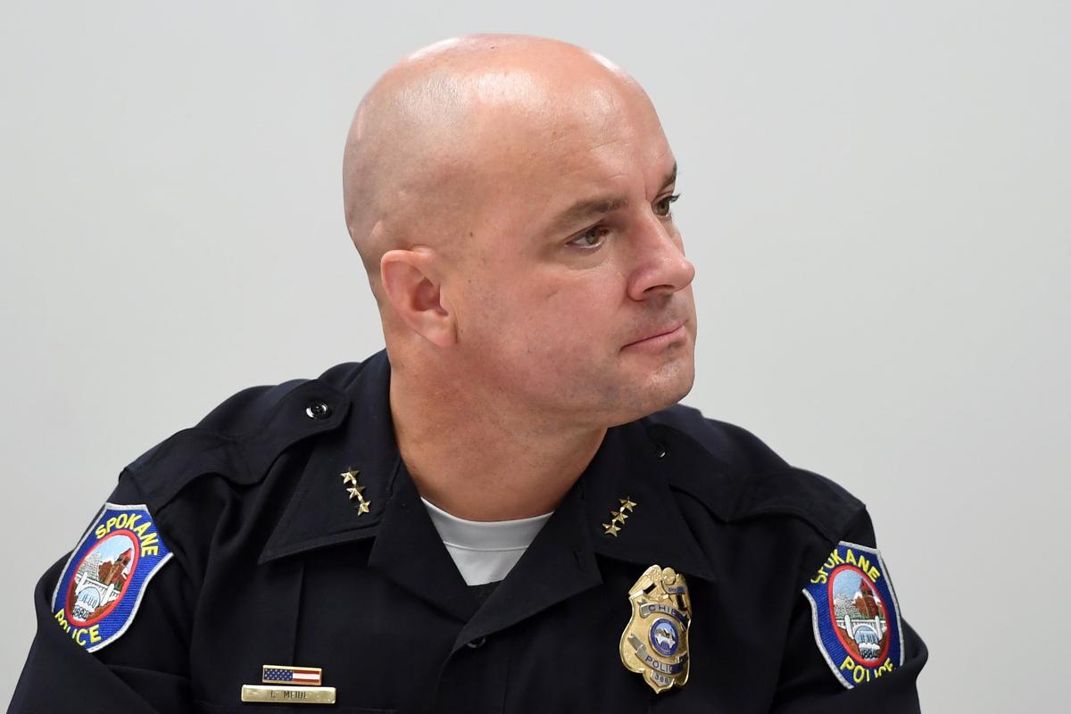 Then-Spokane police Chief Craig Meidl meets with Gov. Jay Inslee on June 7, 2019, in Spokane. (Dan Pelle/THE SPOKESMAN-REVIEW)