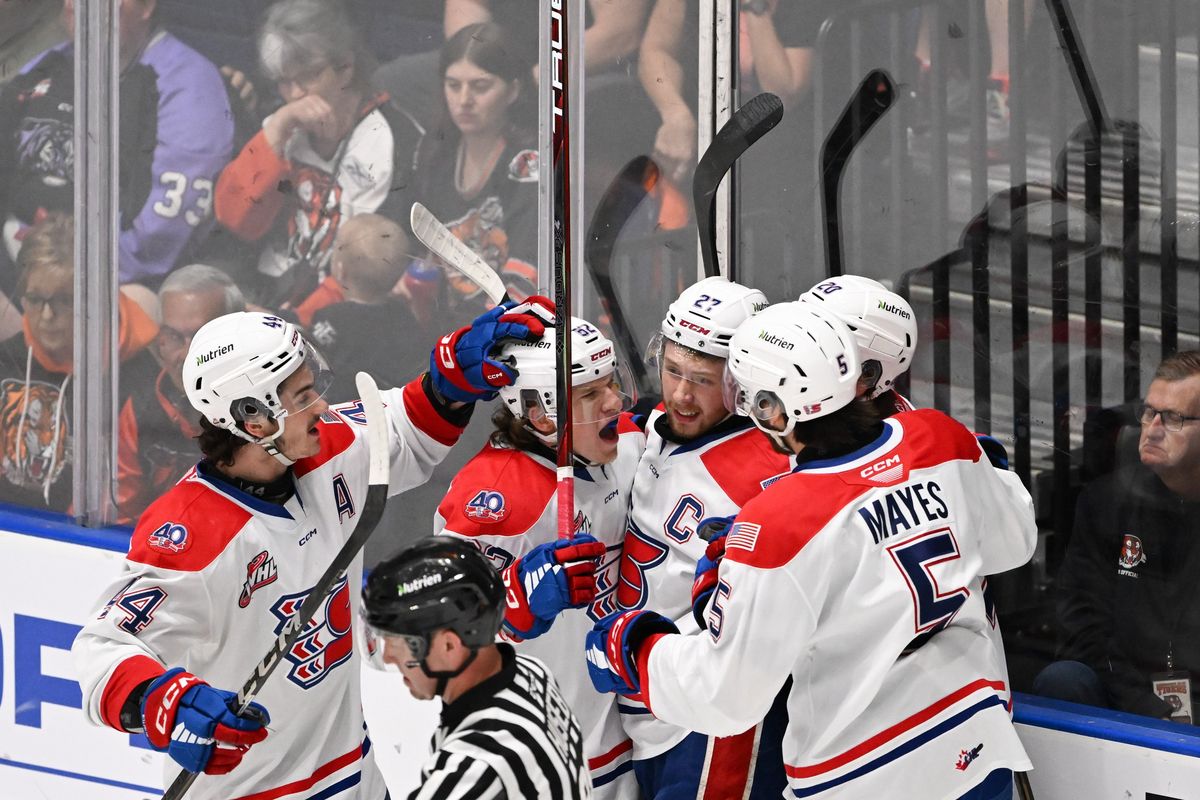 The Spokane Chiefs celebrate after Berkly Catton scored in the first period during Game 2 of the Western Hockey League Championship against Medicine Hat on Sunday, May. 11, 2025, at Co-op Place in Medicine Hat, Alberta. The Chiefs won the game 6-2. (Tyler Tjomsland/The Spokesman-Review)