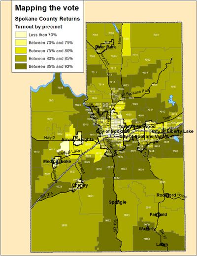 This is a map of the Spokane County turnout in the 2012 general election (Jim Camden)