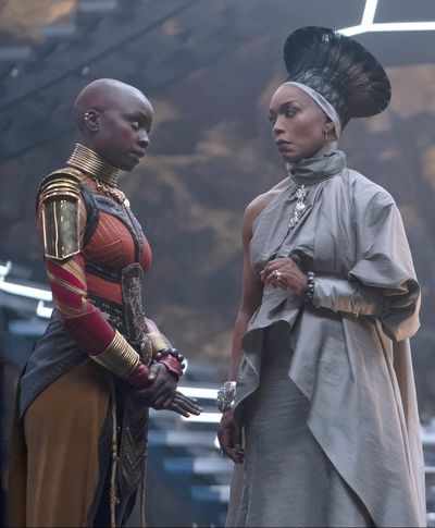Danai Gurira as Okoye and Angela Bassett as Ramonda in “Black Panther: Wakanda Forever.” Bassett on Tuesday became the first performer from the Marvel Cinematic Universe to be nominated for an Oscar.  (Eli Adé)