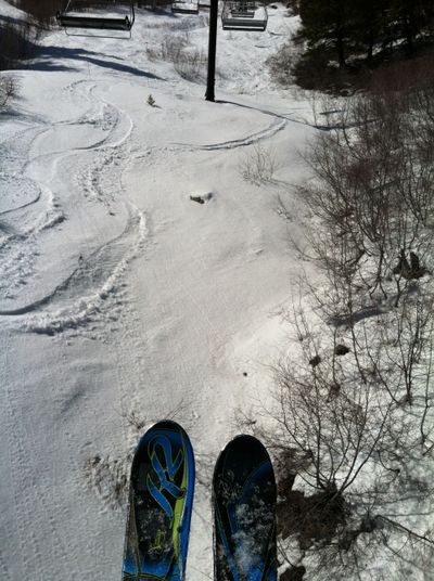 Spring slush snow on the backside of Bogus Basin, viewed from the No. 6 Pine Creek chairlift (Betsy Russell)