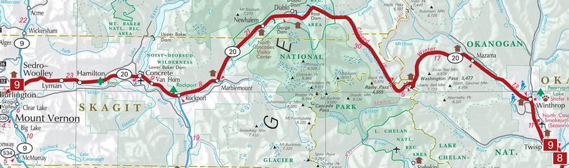 Map shows North Cascades Highway (State Route 20) in northcentral Washingtons. (Washington State Department of Transportation)