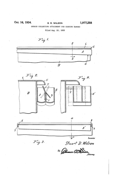 A drawing of Stuart D. Wilson's invention for a griddle cook to divert bacon grease for later use. 