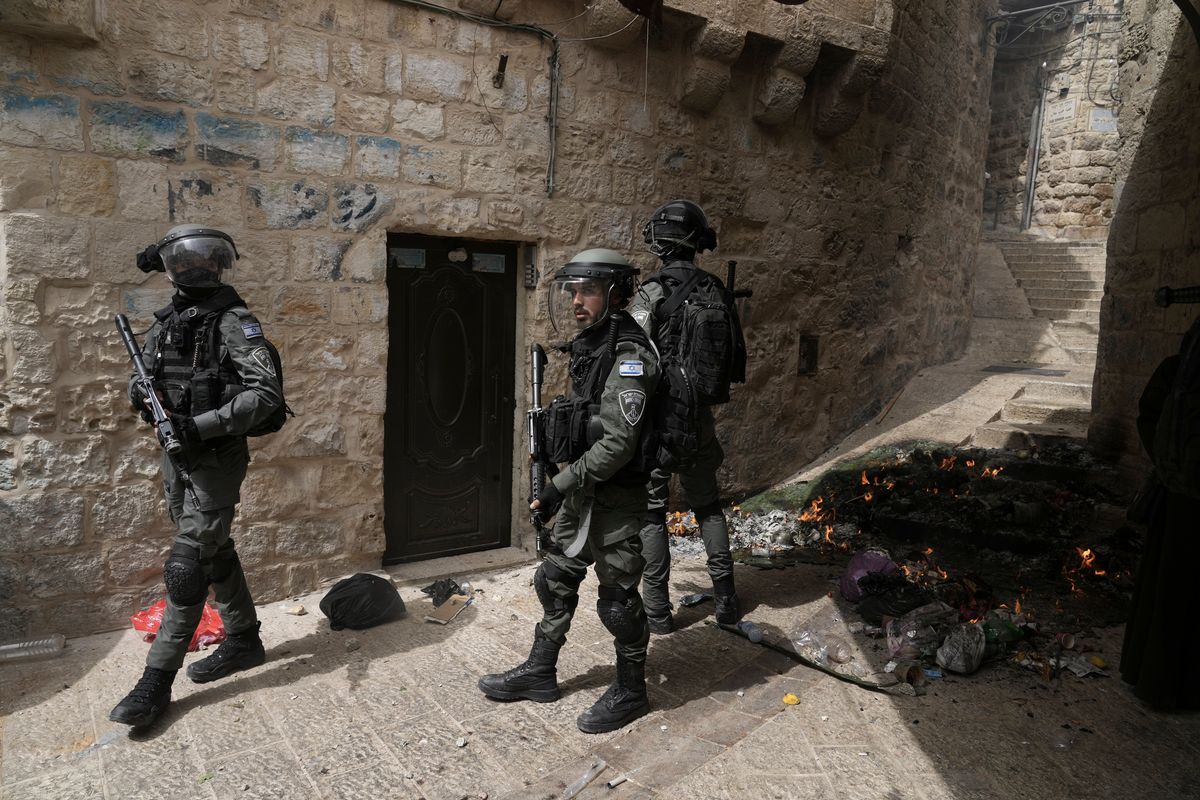 Israeli police is deployed in the Old City of Jerusalem, Sunday, April 17, 2022. Israeli police clashed with Palestinians outside Al-Aqsa Mosque after police cleared Palestinians from the sprawling compound to facilitate the routine visit of Jews to the holy site and accused Palestinians of stockpiling stones in anticipation of violence.  (Mahmoud Illean)