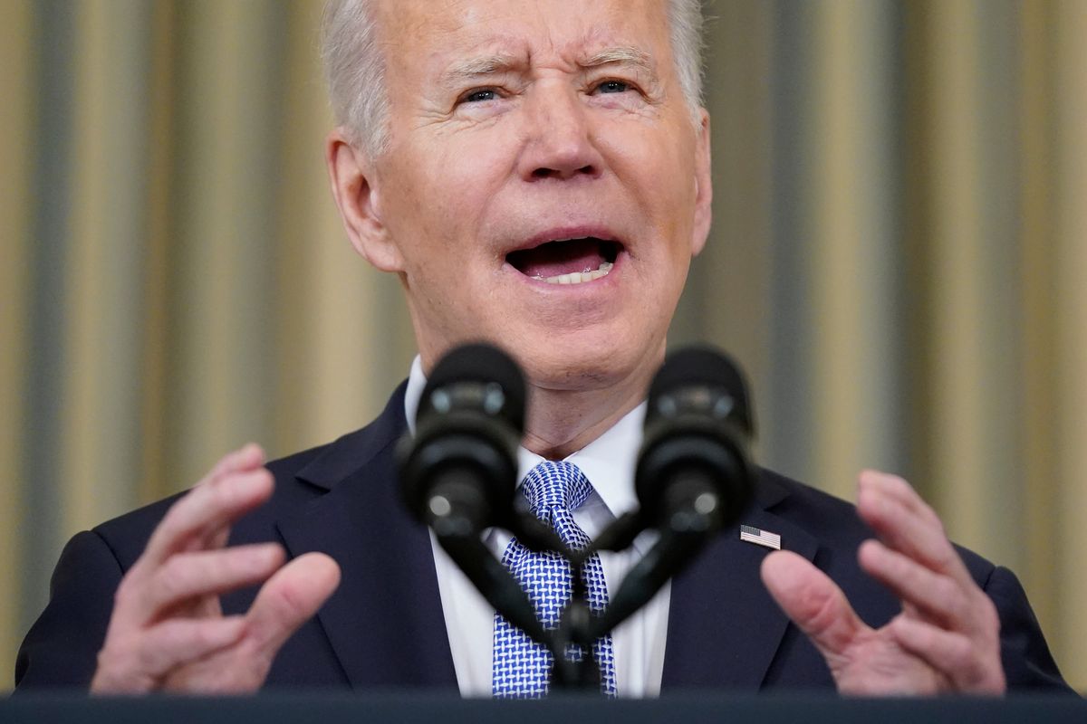 President Joe Biden speaks about the March jobs report in the State Dining Room of the White House, Friday, April 1, 2022, in Washington.  (Patrick Semansky)