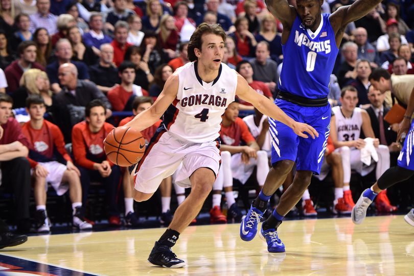 Gonzaga guard Kevin Pangos drives the ball downcourt against Memphis in January. (Tyler Tjomsland)