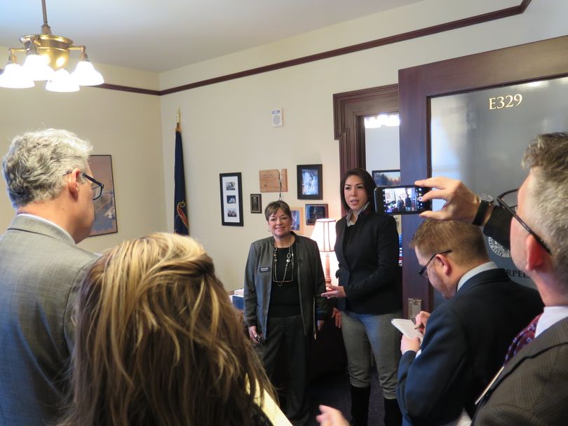 House Democratic Reps. Sally Toone, D-Gooding, and Paulette Jordan, D-Plummer, announce proposed legislation to grant student loan forgiveness to teachers in struggling rural Idaho schools (Betsy Z. Russell)