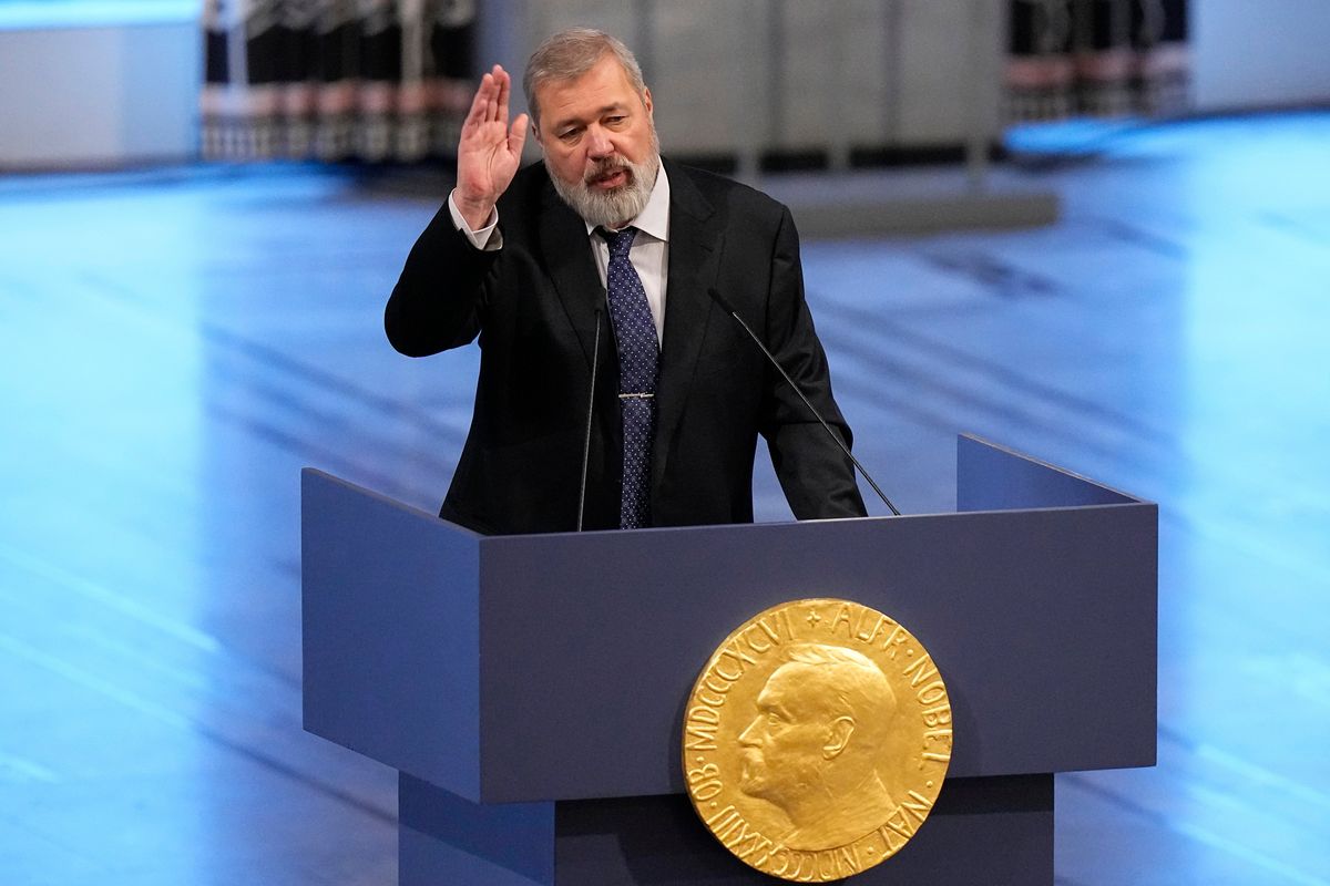FILE - Nobel Peace Prize winner Dmitry Muratov from Russia speaks during the Nobel Peace Prize ceremony at Oslo City Hall, Norway, on Dec. 10, 2021. Russia’s leading independent newspaper Novaya Gazeta has suspended operations under pressure from Vladimir Putin