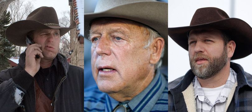 This is a combo of file photos showing the Bundy family from left to right, Ryan Bundy, Cliven Bundy and Ammon Bundy. Ryan and Ammon Bundy are part of a group of protesters who are in a standoff at the Malheur National Wildlife Refuge in Burns, Ore. They are also the sons of rancher Cliven Bundy, who was involved in a 2014 Nevada standoff with the government over grazing rights. (AP Photos/File)