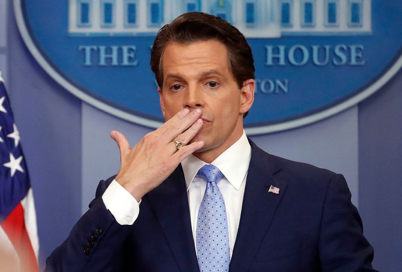 In this July 21 photo, incoming White House communications director Anthony Scaramucci, right, blowing a kiss after answering questions during the press briefing in the Brady Press Briefing room of the White House in Washington. Scaramucci is out as White House communications director after just 11 days on the job. A person close to Scaramucci confirmed the staffing change just hours after President Donald Trump’s new chief of staff, John Kelly, was sworn into office. (AP Photo/Pablo Martinez Monsivais)
