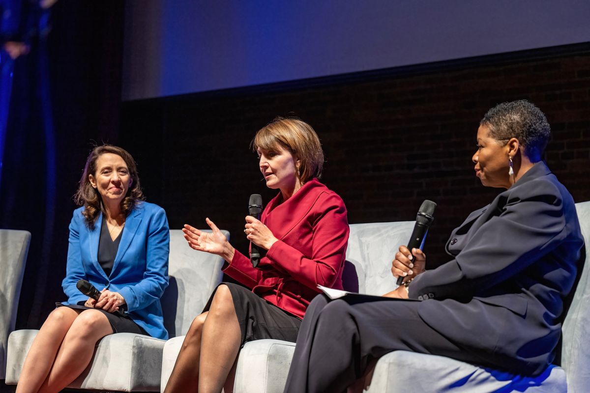 Left to right, Sen. Maria Cantwell and Rep. Cathy McMorris Rodgers have a conversation with host Spokane City Councilwoman Betsy Wilkerson during the Northwest Passages Leadership Talks and Space Walks event to celebrate The Spokesman-Review’s Inland Northwest Women of the Year held Nov. 21 at the Bing Crosby Theater.  (Colin Mulvany/The Spokesman-Review)