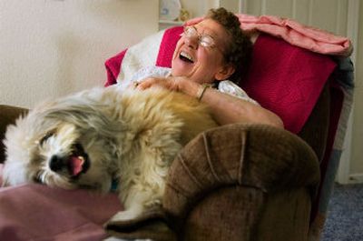 
Helen Amsden, 75, laughs while sitting in an armchair in her apartment at Windriver House with her dog of 12 years, Buttons. Amsden was charged nearly $600 per month at her former retirement center to have Buttons walked. 
 (Kathryn Stevens / The Spokesman-Review)