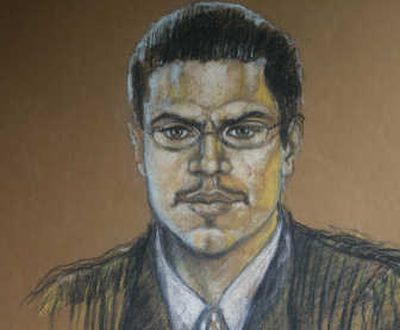 
Jose Padilla is shown at court in this  drawing from his  trial in Miami on Thursday. Associated Press
 (Associated Press / The Spokesman-Review)