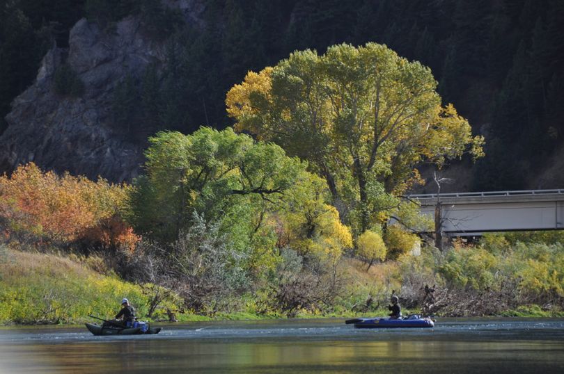 Fly fishers cast from drift boats and rafts on the Missouri River near Craig, Montana. (Rich Landers)