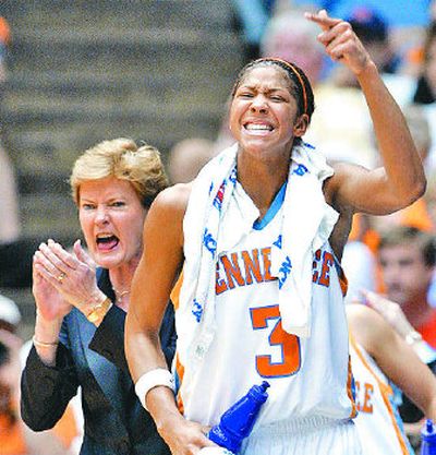 
Coach Pat Summitt and forward Candace Parker react during the late stages of Tennessee's win. 
 (Associated Press / The Spokesman-Review)