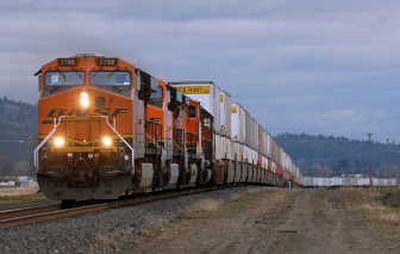 
A  westbound freight train approaches University near Trent in Spokane Valley on Friday. 
 (Jesse Tinsley / The Spokesman-Review)
