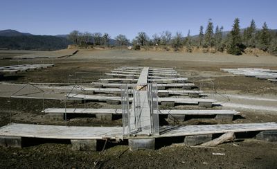 Boat docks sit high and dry in Lake Pillsbury, Calif., on Thursday. A continuing drought has prompted water officials to urge conservation and consider rationing.  (Associated Press / The Spokesman-Review)