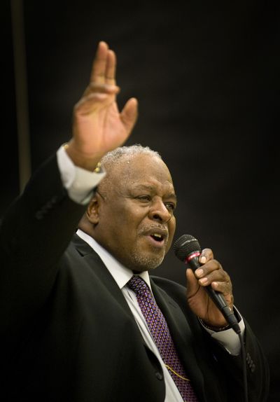 The Rev. Percy Happy Watkins, pastor of the New Hope Baptist Church, performs Martin Luther King Jr.’s “I Have a Dream” speech for students at St. Charles Catholic School last January.  (File)