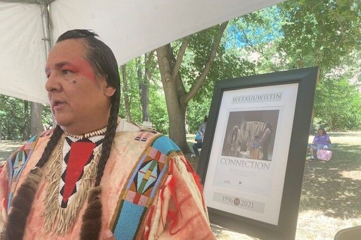 Nakia Williamson speaks about the collection’s significance to the tribe during its renaming celebration at Nez Perce National Historical Park in Spalding, Idaho, on Saturday. The collection of tribal artifacts was returned to the Nez Perce after 185 years away in 1995 and was renamed to reflect its long departure on Saturday.  (Riley Haun/For The Spokesman-Review)