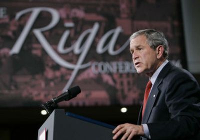 
President Bush holds a press conference in the Grand Hall at Latvia University on Tuesday in Riga, Latvia. 
 (Associated Press / The Spokesman-Review)