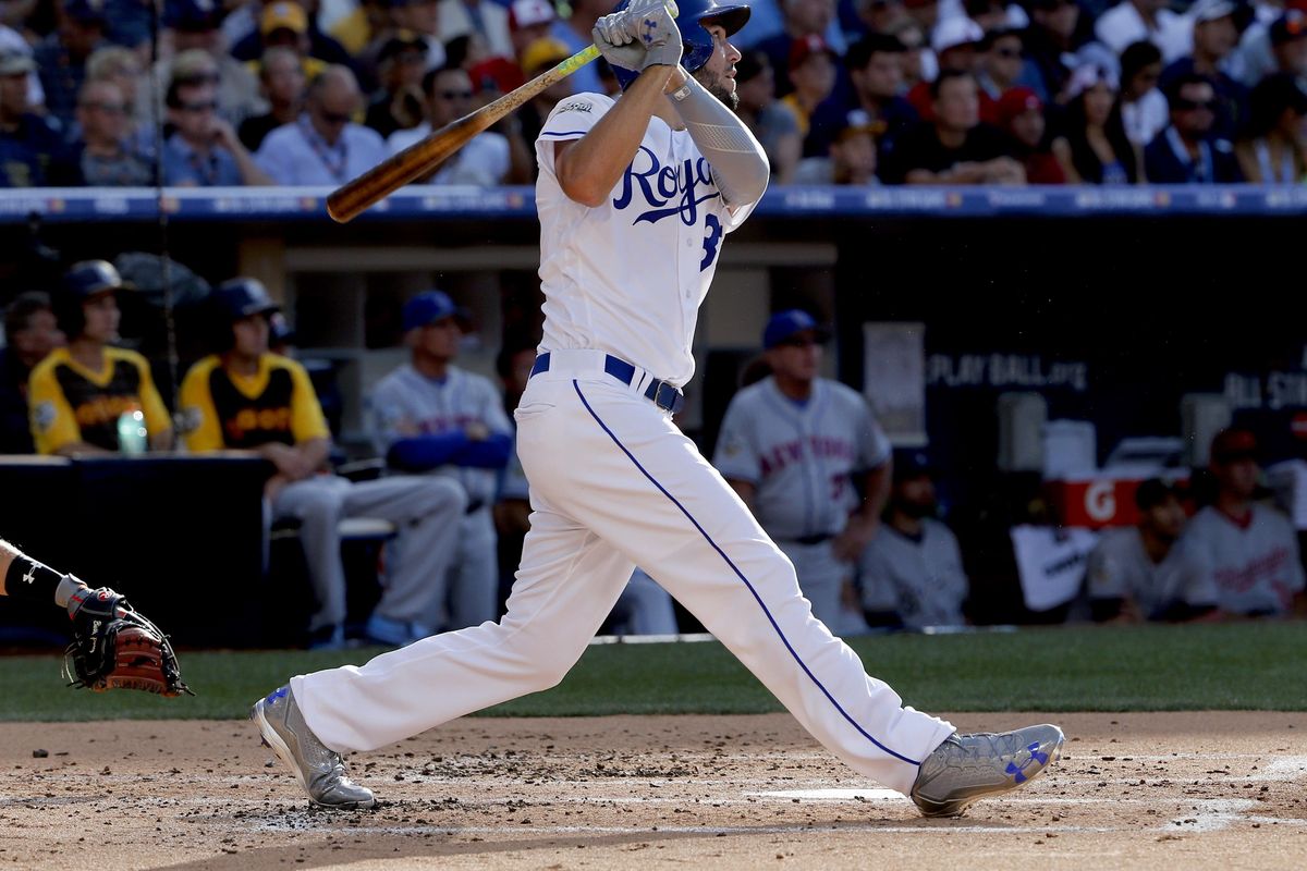 Eric Hosmer of the Kansas City Royals  hits a solo home run for the American League against the National League during the second inning of Tuesday’s All-Star Game. (Lenny Ignelzi / Associated Press)