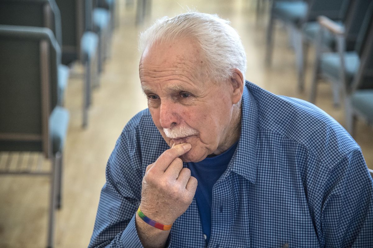 Al Steuart reflects on his life as a gay man during a gathering for senior LGBTQ persons, Saturday, Feb. 17, 2018, at the Unitarian Universalist Church in Spokane. (Dan Pelle / The Spokesman-Review)