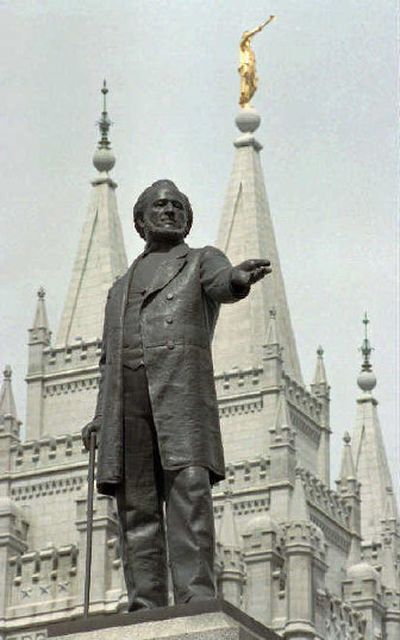 
This statue of Mormon pioneer Brigham Young stands in front of The Church of Jesus Christ of Latter-day Saints' Temple in Salt Lake City. Two new films and a book explore his involvement in the infamous 