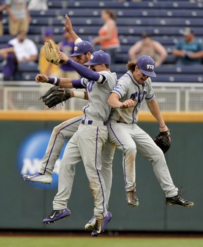 TCU outfielders, from left, Dane Steinhagen, Nolan Brown and Cody Jones celebrate a 10-3 opening win over LSU at the CWS. (Associated Press)