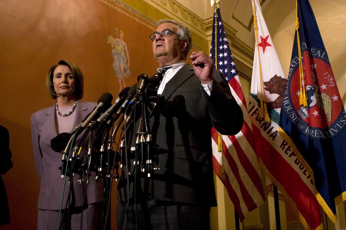 Rep. Barney Frank (D-Massachusetts), with House Speaker Nancy Pelosi (D-California), speaks on Capitol Hill about the financial crisis in 2008.   (DOMINIC BRACCO II/THE WASHINGTON POST)