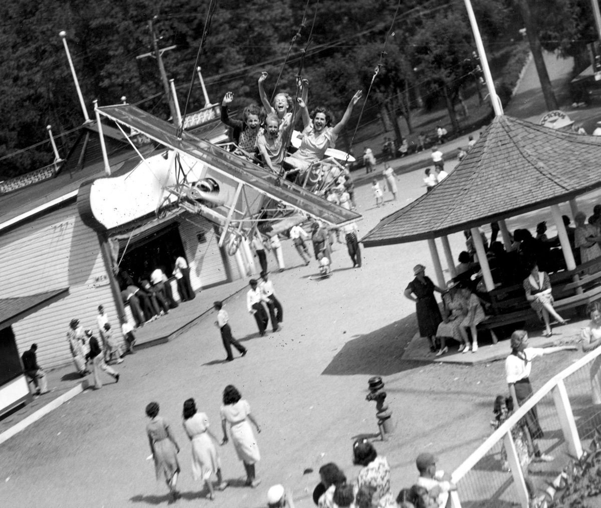 In 1941 the amusement rides at Natatorium Park were in full swing. The park, which opened in 1893, was originally known as Twickenham Park, and was operated by Spokane United Railways until 1929 when it was sold to Louis Vogel. The park closed in 1968. The land is now occupied by a mobile home park.  (The Spokesman-Review photo archive)