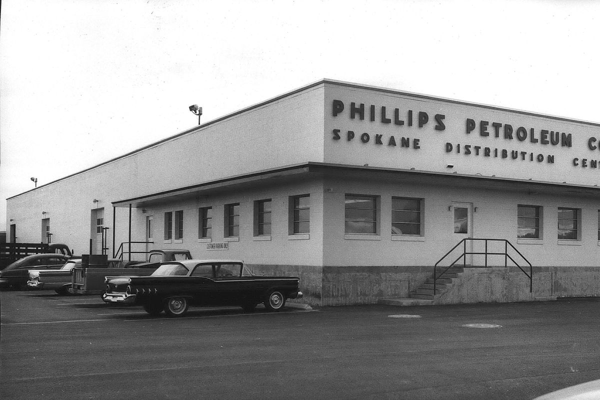 1963: The Phillips Petroleum Company’s new Spokane Distribution Center opened at 110 N. Fancher Road. The 43,000-square-foot warehouse and office facility was built to stock tires, batteries and vehicle accessories for distribution to wholesalers in Washington, Oregon, Idaho and Western Montana. The $308,000 structure would also house the firm’s city sales office and a shop to rebuild equipment from the company’s service stations throughout the area. Less than a year later, however, the company downsized the local offices and moved out a short time later.  (Spokesman-Review Photo Archives)
