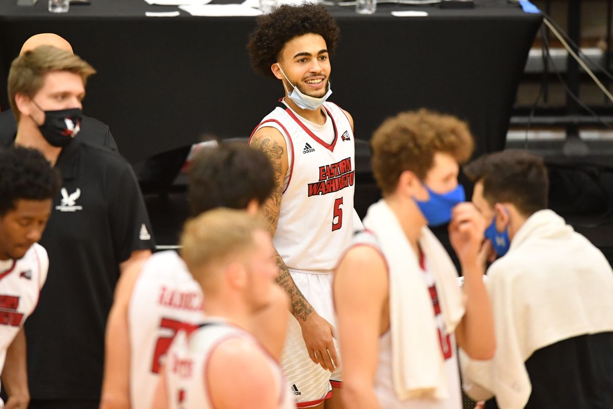 Eastern Washington guard Casson Rouse, background, is one of the Eagles’ few returning players next season. Most of the team entered the NCAA transfer portal following last month’s NCAA Tournament appearance.  (Tyler Tjomsland/THE SPOKESMAN-RE)