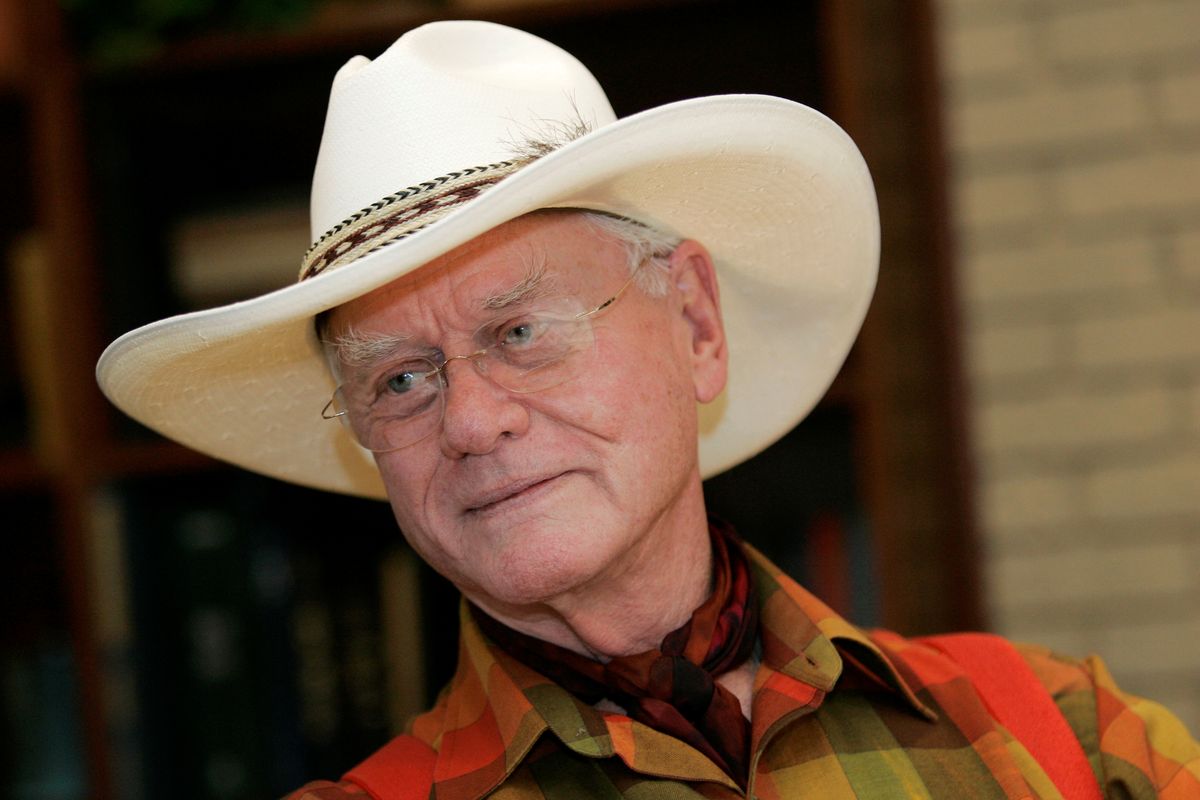 In this Thursday, Oct. 9, 2008 photo, actor Larry Hagman listens to a reporter