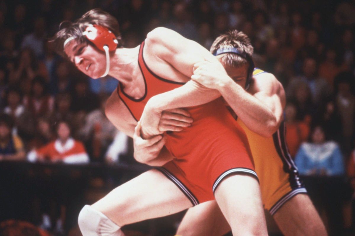 Matthew Modine and Frank Jasper wrestle in “Vision Quest.” The movie comes out Tuesday on Blu-ray.