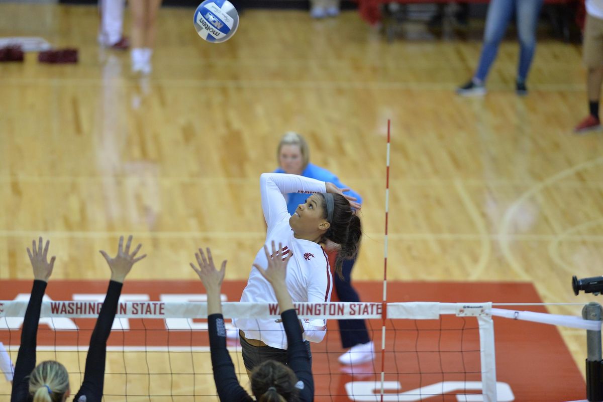 WSU’s Taylor Mims rises for a swing in a 3-1 win over Colorado last season. (Dean Hare / WSU Photo Services)