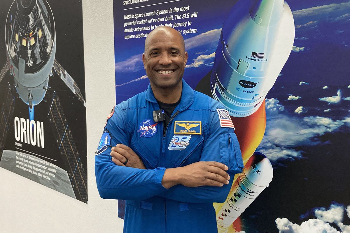 NASA astronaut Victor Glover, one of four crew assigned to the Artemis II mission to fly to the moon, talks with media the the Kennedy Space Center press site on Sunday, May 5, 2024.    (Richard Tribou/Orlando Sentinel/TNS)