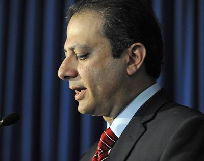 U. S. Attorney Preet Bharara speaks at a news conference, Tuesday in New York. (Associated Press)