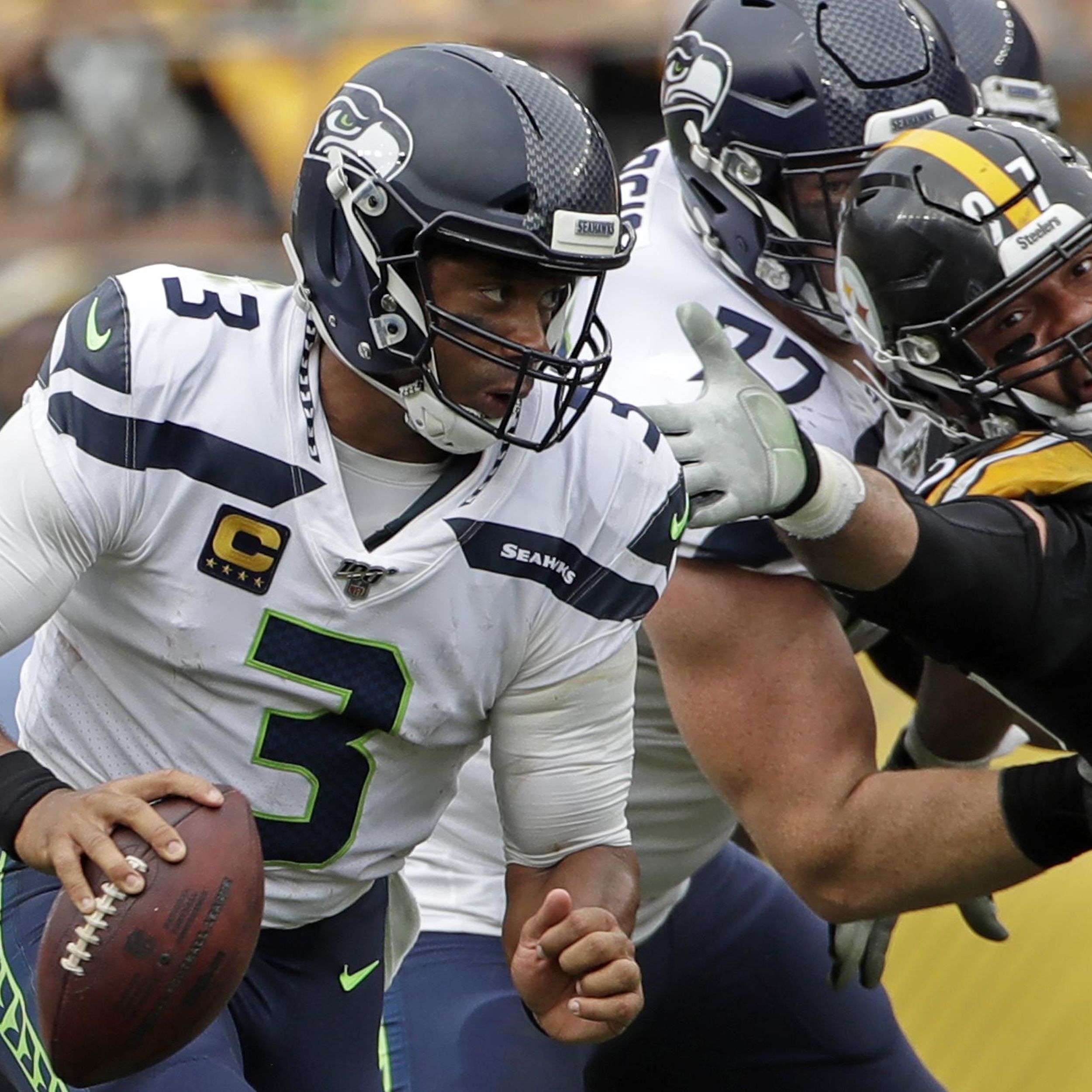 Pittsburgh Steelers outside linebacker T.J. Watt (90) lines up for a play  during an NFL football game against the Seattle Seahawks, Sunday, Sept. 15,  2019, in Pittsburgh. (AP Photo/Gene J. Puskar Stock