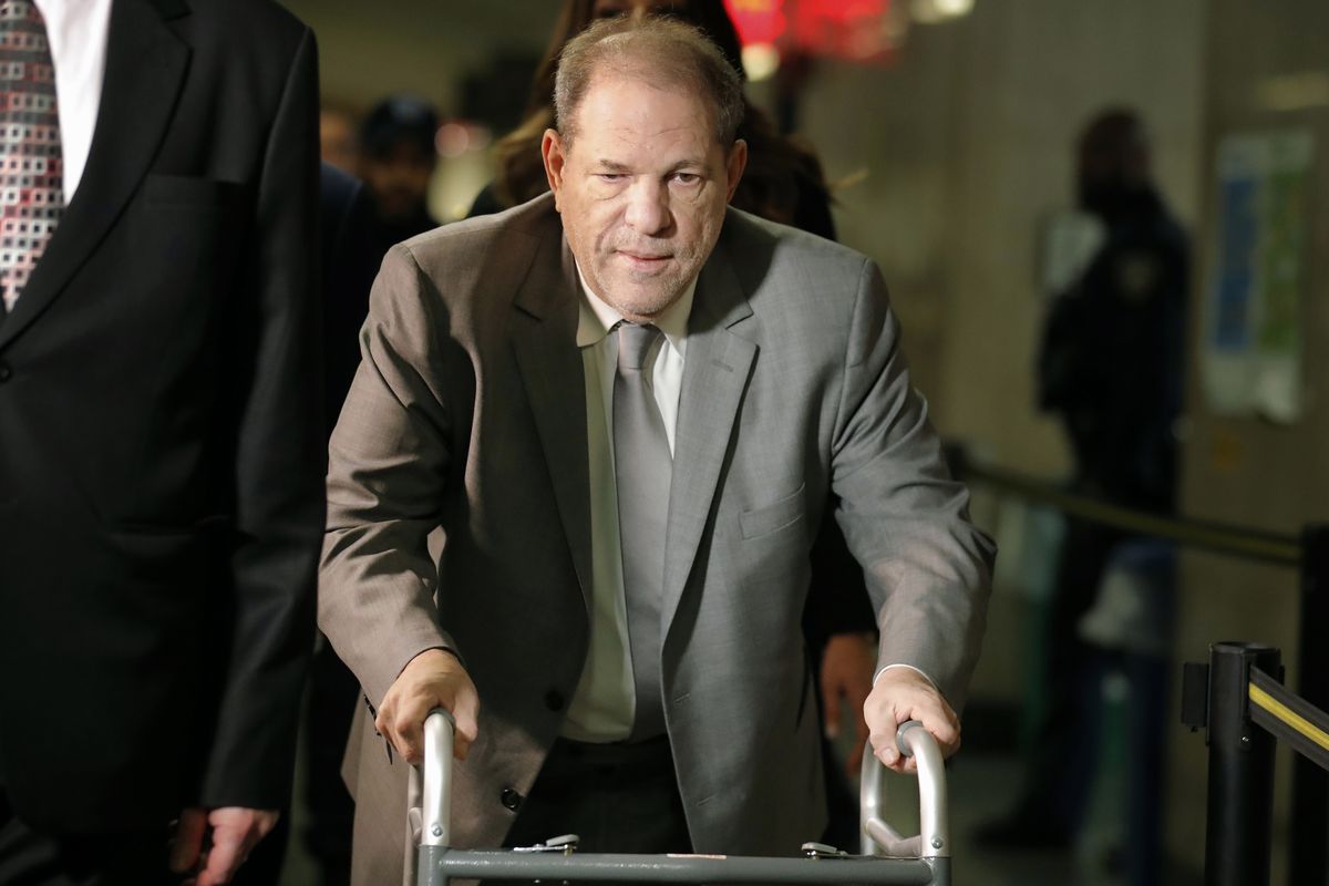 FILE – In this Jan. 7, 2020, file photo, Harvey Weinstein arrives at court for the start of jury selection in his sexual assault trial in New York. The convicted former movie producer is expected to appear briefly via video from a New York prison Friday, Dec. 11, 2020, as part of legal efforts to send him to California to face sexual assault charges.  (Seth Wenig)
