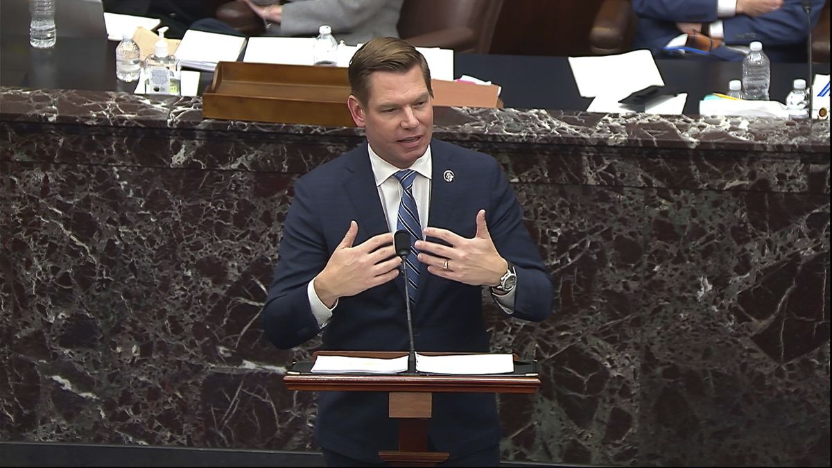 In this image from video, House impeachment manager Rep. Eric Swalwell, D-Calif., speaks during the second impeachment trial of former President Donald Trump in the Senate at the U.S. Capitol in Washington, Wednesday, Feb. 10, 2021.  (HOGP)