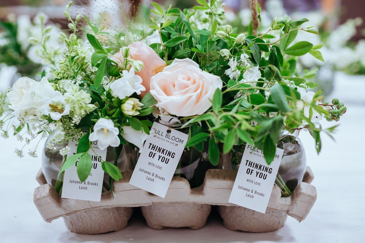 Bouquets, repurposed from Julianne Hough’s Idaho wedding, are ready to be given to local patients through the local nonprofit Full Bloom. (Courtesy of Shaun Chamberlain)