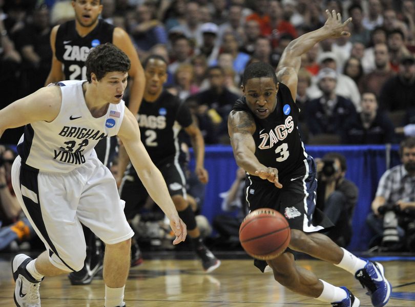 Gonzaga's Demetri Goodson steals the ball from BYU's Jimmer Fredette, March 19, 2011, at the Pepsi Center in Denver, Colorado. (Dan Pelle / The Spokesman-Review)