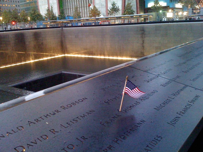 A flag placed in a name at the 9/11 memorial at Ground Zero. (Jim Camden)