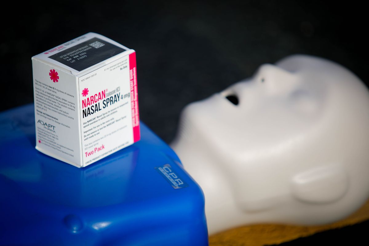 A kit of Narcan nasal spray sits atop a dummy before a Narcan training session for John Swett Unified School District teachers at Rodeo Hills Elementary School in Rodeo, California, on Friday, Dec. 9, 2022. Teachers learned how to use it in the event of a fentanyl overdose to revive students.    (Ray Chavez/Bay Area News Group/TNS)