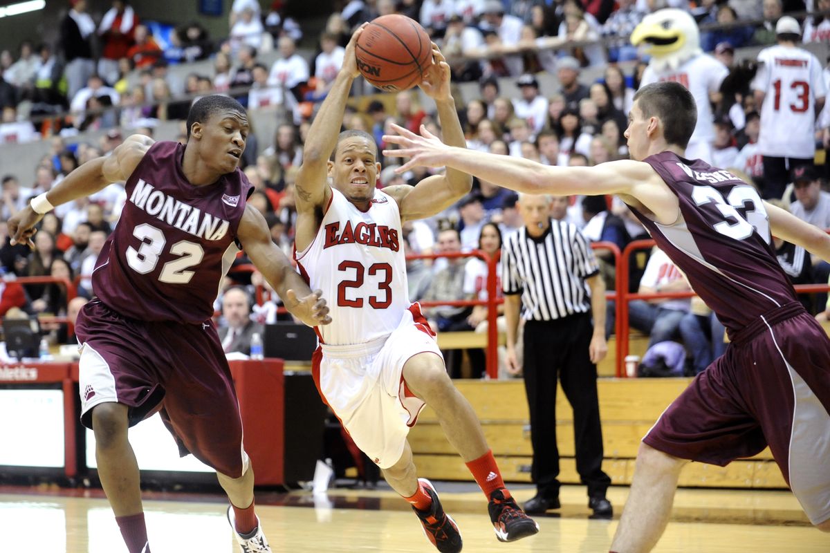 EWU guard Kevin Winford drives against Montana during the second half of Saturday’s game in Cheney. (Tyler Tjomsland)